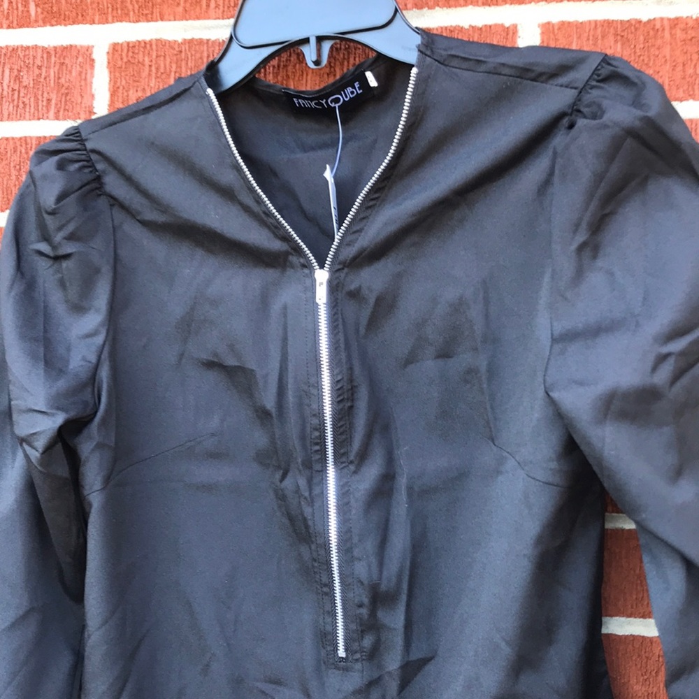 NWT Fancyqube Sheer Black V-Neck Zipper Blouse M